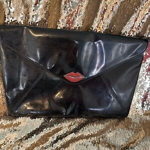 Kirna Zabete Black Clutch with Red Lip Detail